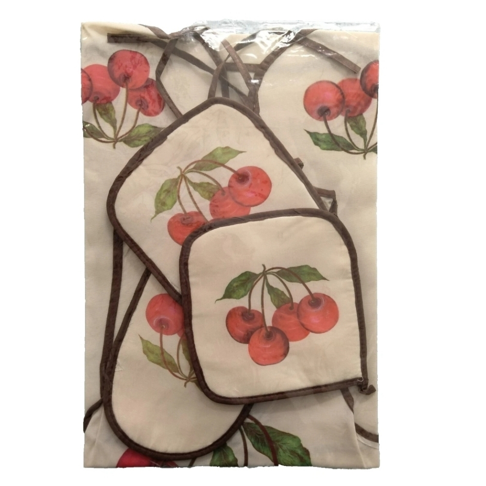 Vintage 80's Cherry Print Bib Kitchen Apron Potholder Oven Mitt Set NWOT